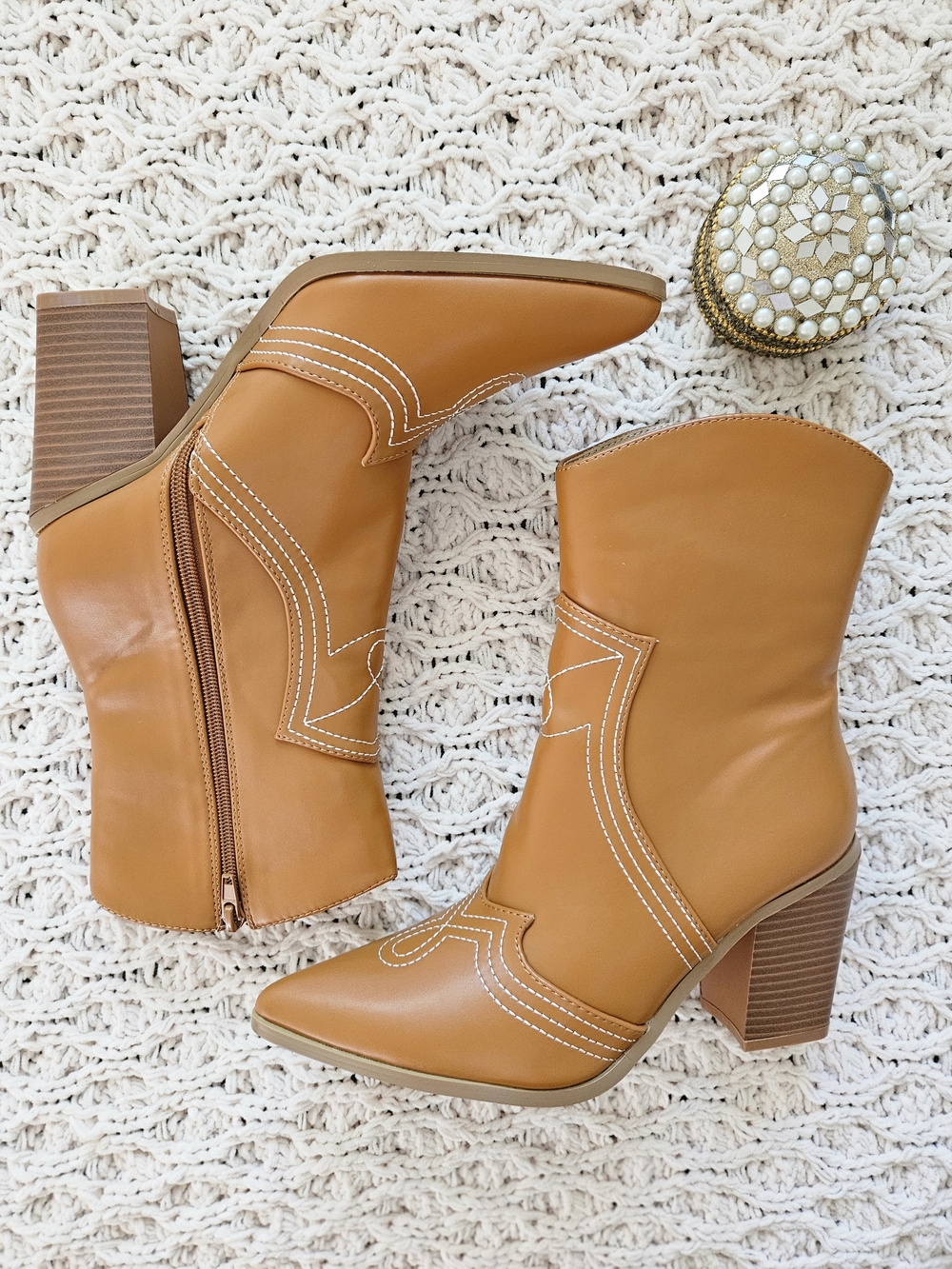 Lulu's Cognac Tan Pointed Toe Western Block Heel Ankle Boots